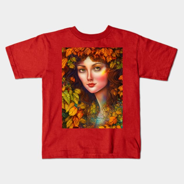 Autumnal Equinox Beautiful Woman Surrounded By Autumn Leaves Kids T-Shirt by Chance Two Designs